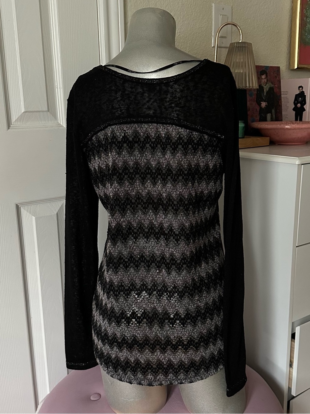 Miss Me Black & Silver Grunge Rhinestone Embellished Long Sleeve Top - Picture 3 of 6